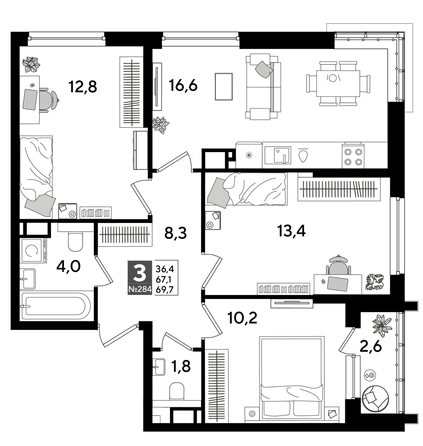 
  Продается 3-комн. квартира, 69.7 м², ЖК DOGMA PARK (Догма парк), литера 15
. Фото 1.