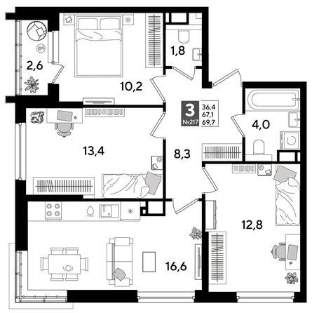
  Продается 3-комн. квартира, 69.7 м², ЖК DOGMA PARK (Догма парк), литера 16
. Фото 1.