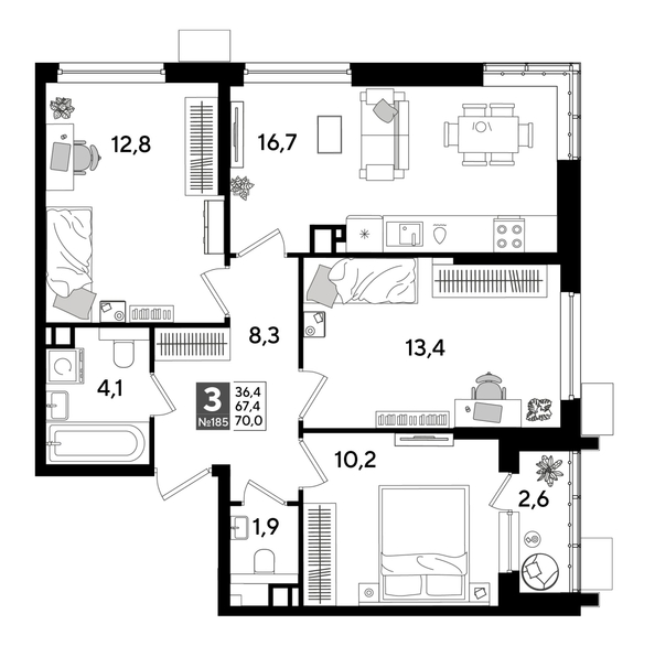 
  Продается 3-комн. квартира, 68.7 м², ЖК DOGMA PARK (Догма парк), лит 17
. Фото 1.