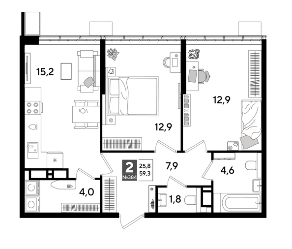 
  Продается 2-комн. квартира, 59.3 м², ЖК DOGMA PARK (Догма парк), литера 18
. Фото 1.