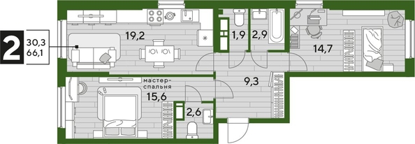 
  Продается 2-комн. квартира, 66.1 м², ЖК DOGMA PARK (Догма парк), литера 21
. Фото 1.