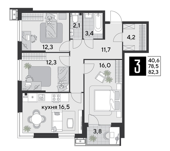 
  Продается 3-комн. квартира, 82.3 м², ЖК Парк Победы 2, литера 19
. Фото 1.