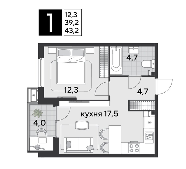 
  Продается 1-комн. квартира, 43.2 м², ЖК Парк Победы 2, литера 19
. Фото 1.