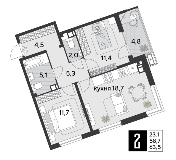 
  Продается 2-комн. квартира, 63.5 м², ЖК Парк Победы 2, литера 19
. Фото 1.
