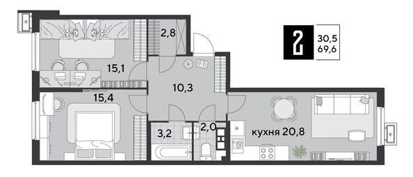 
  Продается 2-комн. квартира 69.6 м², в ЖК Парк Победы 2, литера 19. Фото 1.