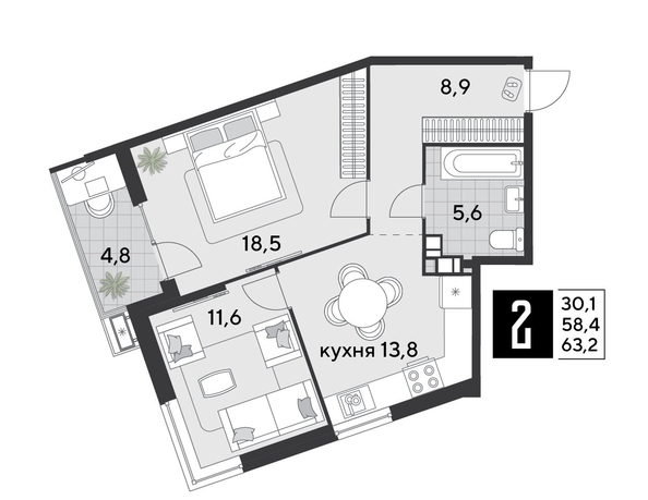 
  Продается 2-комн. квартира, 63.2 м², ЖК Парк Победы 2, литера 21
. Фото 1.