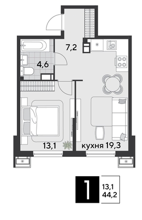 
  Продается 1-комн. квартира, 44.2 м², ЖК Парк Победы 2, литера 21
. Фото 1.