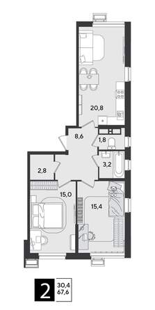 
  Продается 2-комн. квартира 67.6 м², в ЖК Парк Победы 2, литера 21. Фото 2.