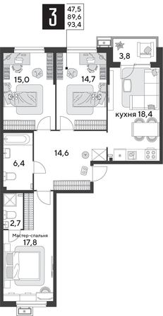 
  Продается 3-комн. квартира, 93.4 м², ЖК Парк Победы 2, литера 31
. Фото 1.