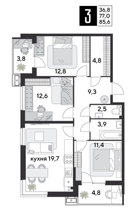 
  Продается 3-комн. квартира, 85.6 м², ЖК Парк Победы 2, литера 28
. Фото 1.