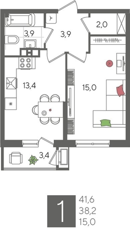 
  Продается 1-комн. квартира, 41.6 м², ЖК Рекорд 2, литера 2
. Фото 1.