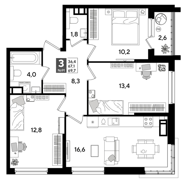 
  Продается 3-комн. квартира 68.3 м², в ЖК ДОГМА ПАРК, лит 20. Фото 2.