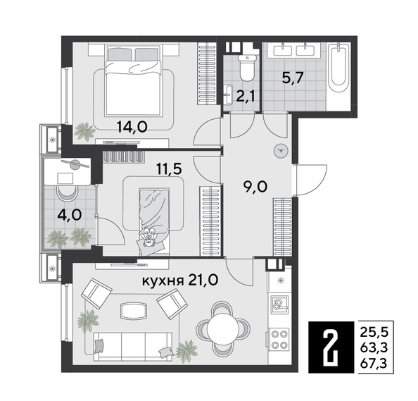 
  Продается 2-комн. квартира 67.3 м², в ЖК Парк Победы 2, литера 19. Фото 2.