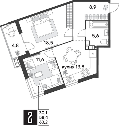 
  Продается 2-комн. квартира 63.2 м², в ЖК Парк Победы 2, литера 28. Фото 1.