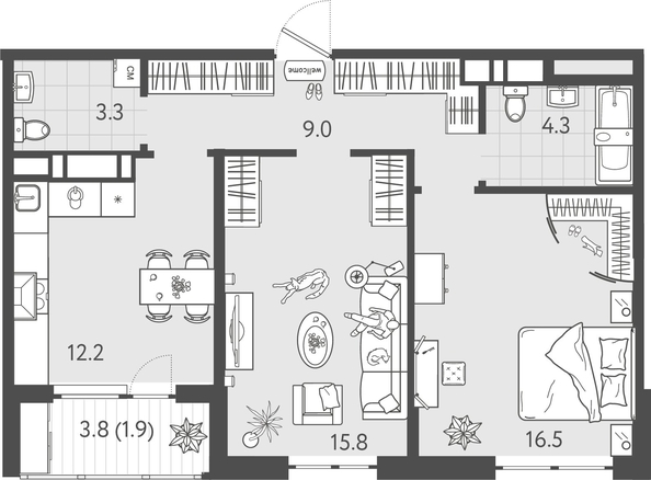 
  Продается 2-комн. квартира 62.2 м², в ЖК Все Свои ВИП, литер 8. Фото 1.