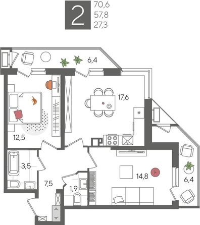 
  Продается 2-комн. квартира 70.6 м², в ЖК Рекорд 2, литера 5. Фото 1.