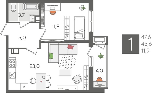 
  Продается 1-комн. квартира 47.6 м², в ЖК Рекорд 2, литера 5. Фото 1.