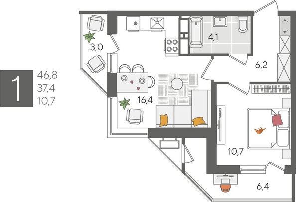 
  Продается 1-комн. квартира 46.8 м², в ЖК Рекорд 2, литера 5. Фото 1.