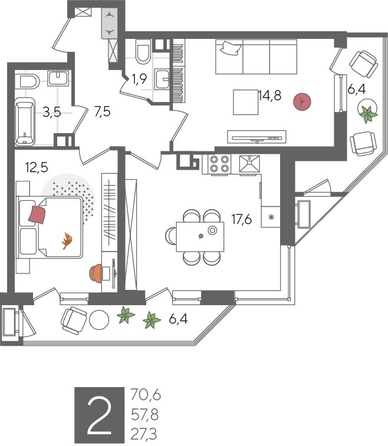 
  Продается 2-комн. квартира 70.6 м², в ЖК Рекорд 2, литера 5. Фото 1.