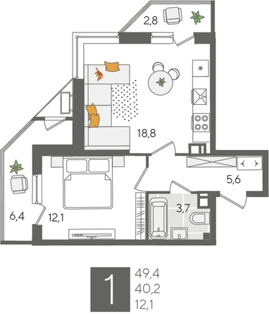 
  Продается 1-комн. квартира 49.7 м², в ЖК Рекорд 2, литера 2. Фото 1.