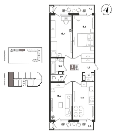 
  Продается 3-комн. квартира 100.3 м², в ЖК Рекорд 2, литера 2. Фото 1.