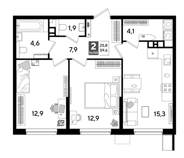 
  Продается 2-комн. квартира 58.6 м², в ЖК ДОГМА ПАРК, лит 17. Фото 1.