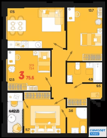 
  Продается 3-комн. квартира 75.6 м², в ЖК Первое место, квартал 1.1, литер 1. Фото 15.