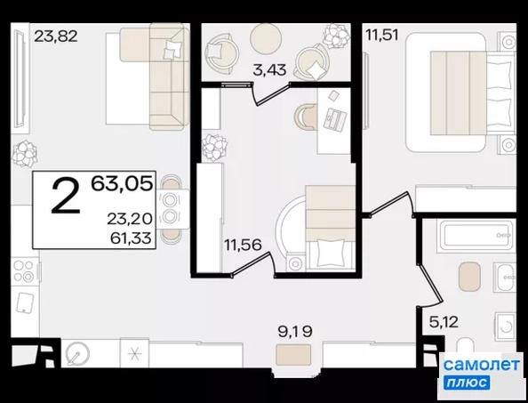 
  Продается 2-комн. квартира 63.05 м², в ЖК Патрики, литер 1.1. Фото 16.