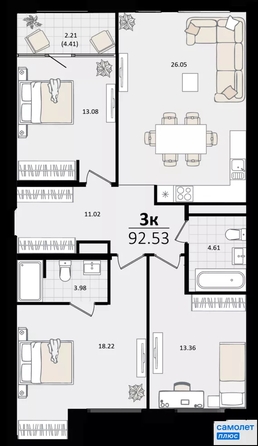 
  Продается 3-комн. квартира 92.53 м², в ЖК Патрики, литер 1.1. Фото 16.