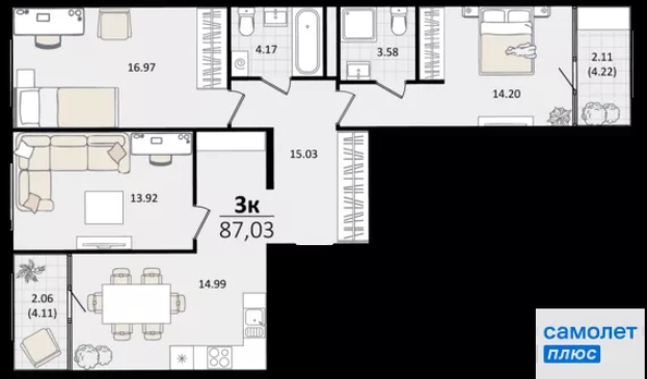 
  Продается 3-комн. квартира 87 м², в ЖК Патрики, литер 1.1. Фото 16.