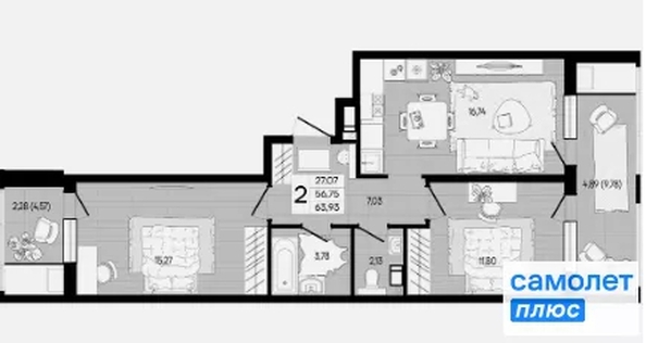 
  Продается 2-комн. квартира 63.9 м², в ЖК Форма, литер 1. Фото 7.
