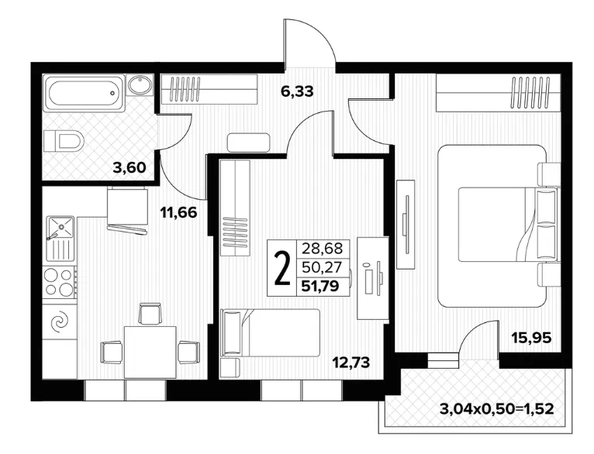 
  Продается 2-комн. квартира 51.79 м², в ЖК Друг, литера 5. Фото 1.