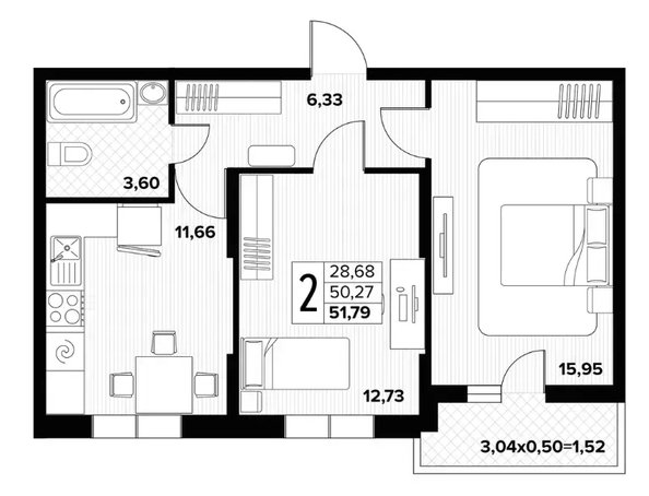 
  Продается 2-комн. квартира 51.79 м², в ЖК Друг, литера 7. Фото 1.