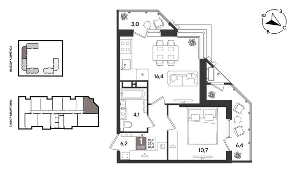 
  Продается 1-комн. квартира 46.8 м², в ЖК Рекорд 2, литера 5. Фото 1.