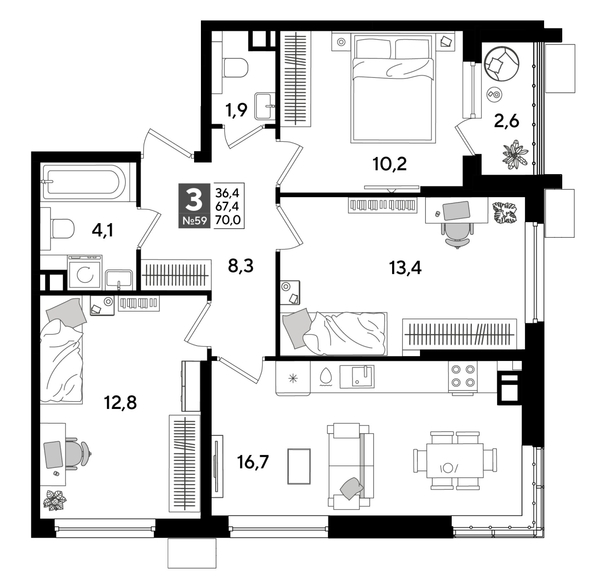 
  Продается 3-комн. квартира 68.6 м², в ЖК ДОГМА ПАРК, литера 19. Фото 1.
