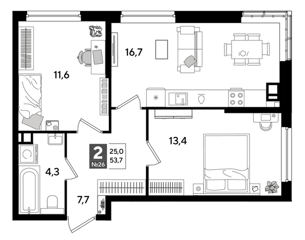 
  Продается 2-комн. квартира 52.7 м², в ЖК ДОГМА ПАРК, лит 20. Фото 1.