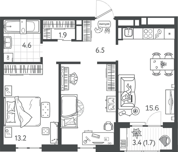 
  Продается 2-комн. квартира 55.95 м², в ЖК Все Свои ВИП, литер 7. Фото 1.