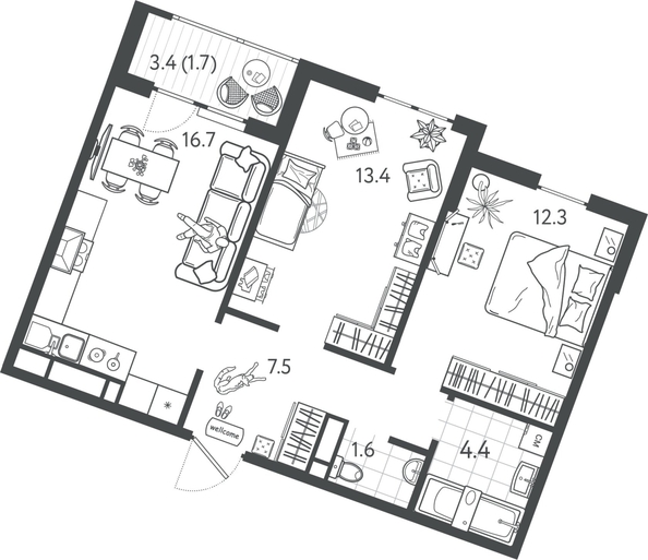 
  Продается 2-комн. квартира 57.15 м², в ЖК Все Свои ВИП, литер 7. Фото 1.