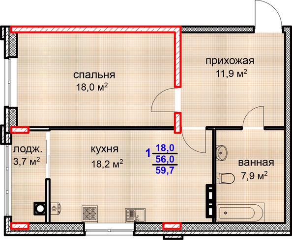 
  Продается 1-комн. квартира, 59.7 м², ЖК Суворов, дом 1
. Фото 2.