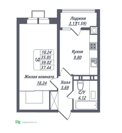 
  Продается 1-комн. квартира, 37.44 м², ЖК Источник
. Фото 6.