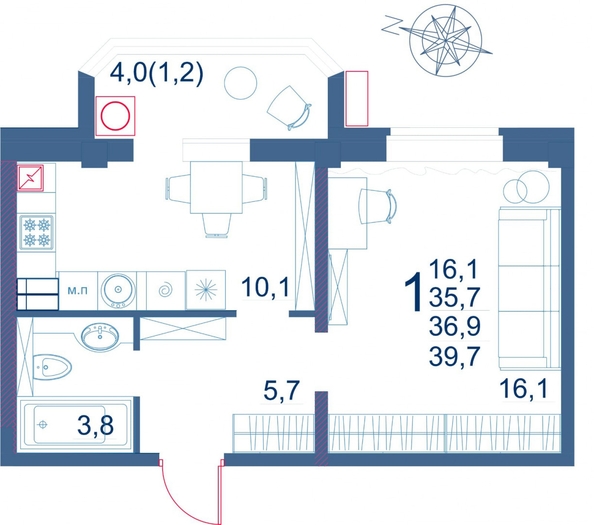 
   Продам 1-комнатную, 39.7 м², Шмидта ул, 100

. Фото 2.