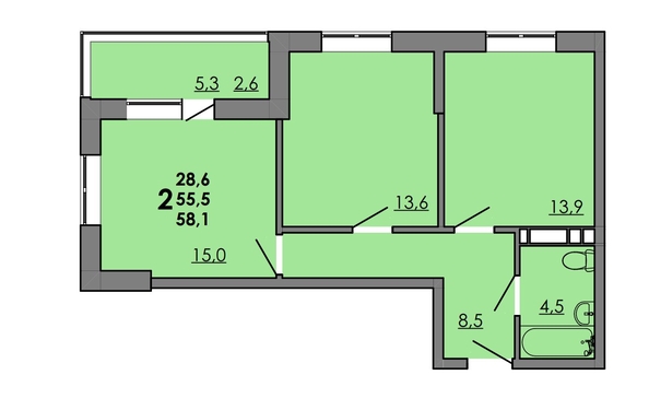 
  Продается 2-комн. квартира 58.1 м², в ЖК Грей, кв-л 11-2. Фото 1.