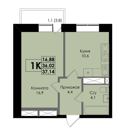 
   Продам 1-комнатную, 37.14 м², Botanika (Ботаника), дом 1

. Фото 1.