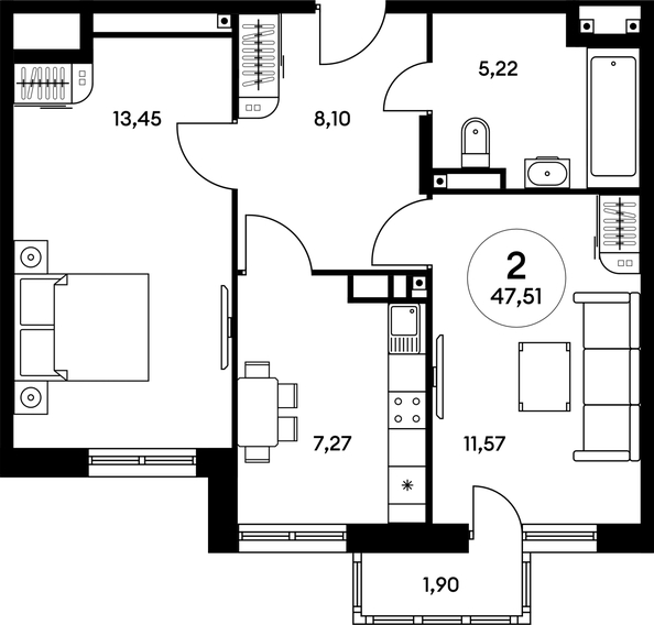 
   Продам 2-комнатную, 47.56 м², Гринсайд, 4.1-4.3

. Фото 1.