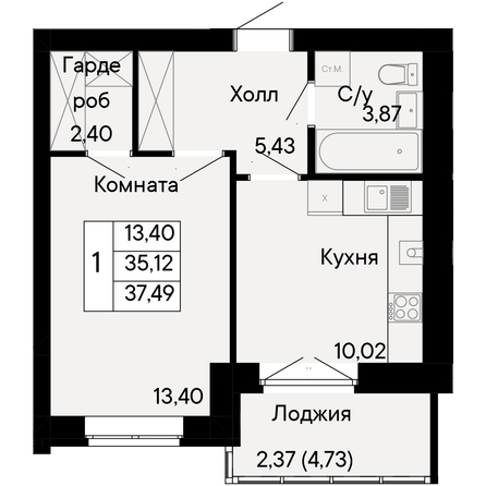 
   Продам 1-комнатную, 37.49 м², Курортный квартал Ривьера, дом 1

. Фото 1.