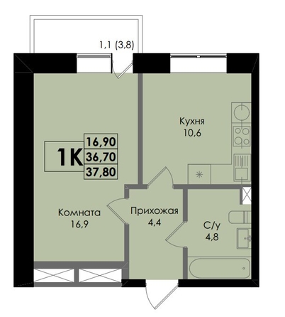 
   Продам 1-комнатную, 37.8 м², Botanika (Ботаника), дом 1

. Фото 2.