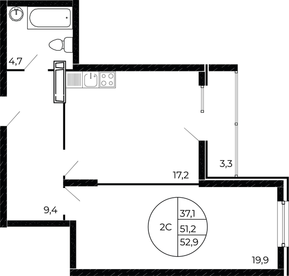 
   Продам 2-комнатную, 52.25 м², Александра Невского ул, 2 лит 1.3

. Фото 1.