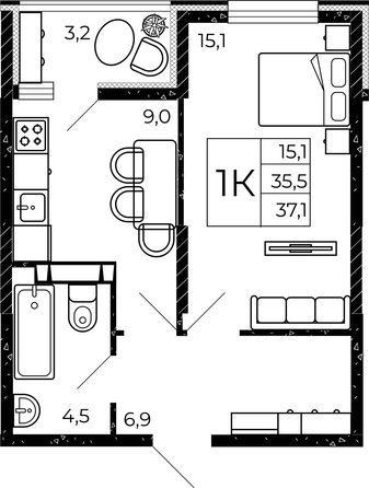 
  Продается 1-комн. квартира, 37.1 м², ЖК Флора, литера 2.1
. Фото 2.