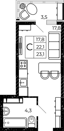 
  Продается студия, 23.1 м², ЖК Флора, литера 2.1
. Фото 2.