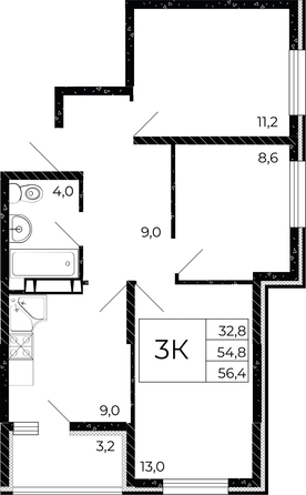
  Продается 3-комн. квартира, 56.4 м², ЖК Флора, литера 2.1
. Фото 1.